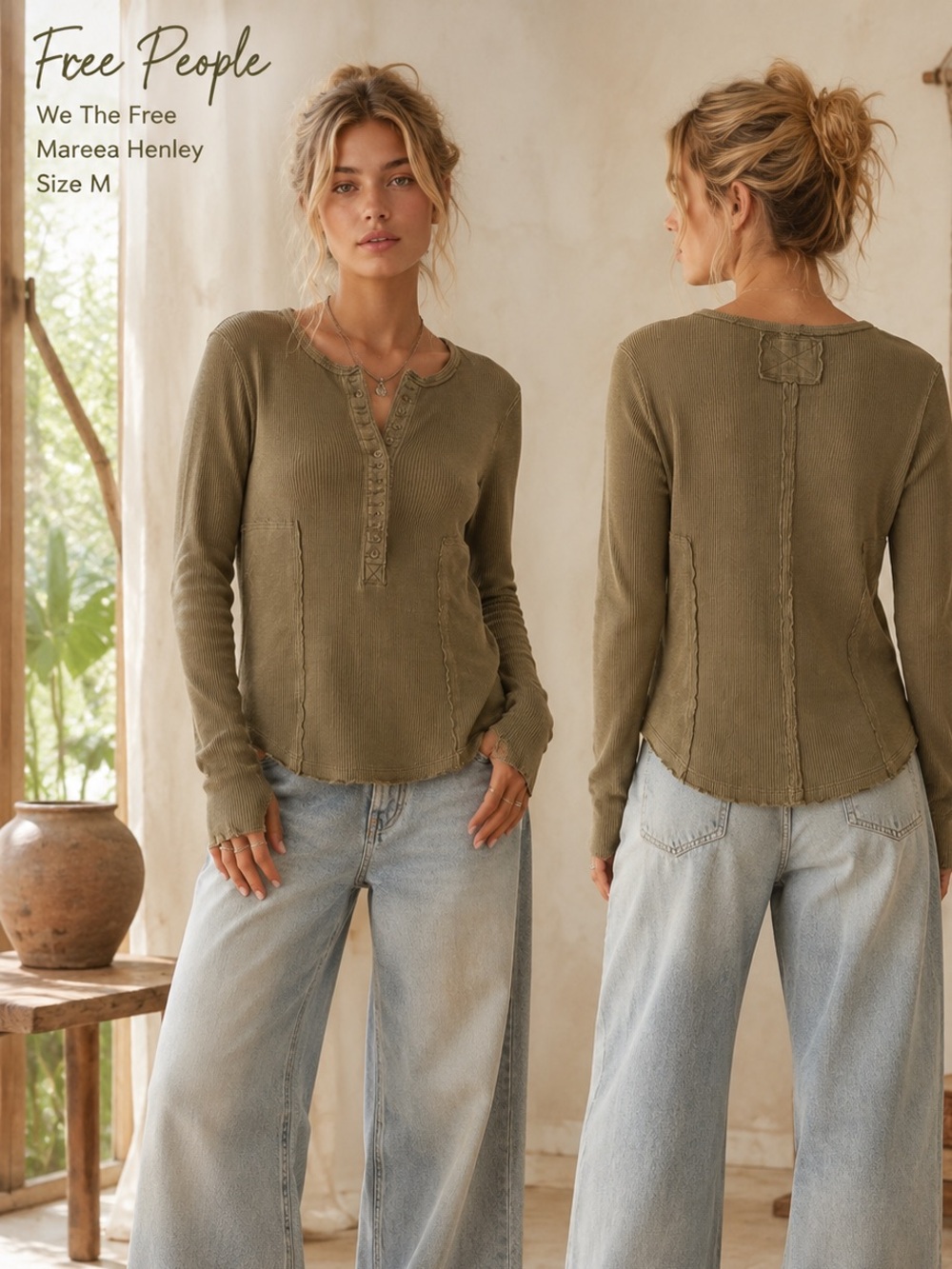 Free People Mareea Henley Top Womens M Olive Thermal Ribbed Boho heritage earthy - Picture 12 of 12